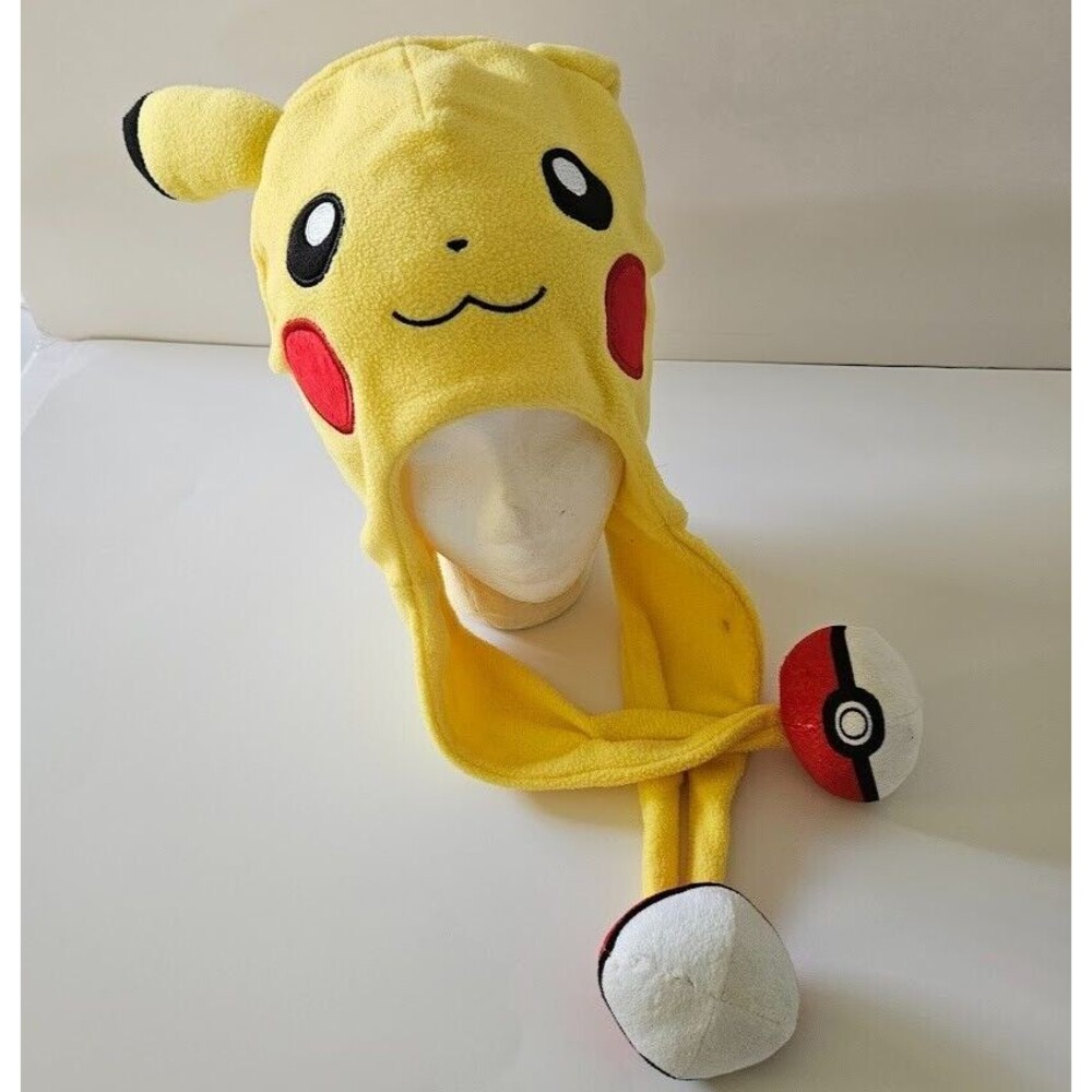 Pokemon Pikachu Beanie Hat Unisex Big Face Ears Pokeball Tassels Yellow One Size